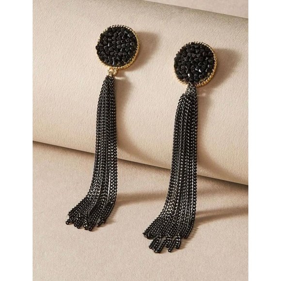 Black Pierced elegant statement Earring gold wedding tassel sparkle black chain - Picture 1 of 3